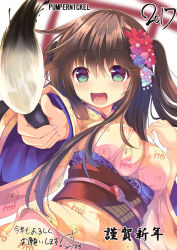 Rule 34 | 1girl, :d, animal print, artist name, bird, blurry, blush, breasts, brown hair, chick, cleavage, commentary, depth of field, floating hair, flower, green eyes, hair flower, hair ornament, happy new year, highres, holding, holding brush, impossible clothes, japanese clothes, kanzashi, kimono, large breasts, long hair, nengajou, new year, obi, open mouth, original, pointing, pointing at viewer, red flower, sash, signature, smile, solo, sumisuzu, torii, two side up, yellow kimono