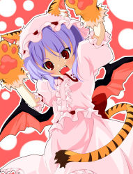 Rule 34 | 1girl, animal ears, animal hands, bad id, bad pixiv id, fang, female focus, hat, highres, kemonomimi mode, ko-chin, purple hair, red eyes, remilia scarlet, solo, tail, tiger ears, tiger paws, tiger tail, touhou, wings