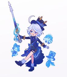 Rule 34 | 1girl, ahoge, asymmetrical gloves, black footwear, black shorts, blue eyes, brooch, full body, furina (genshin impact), genshin impact, gloves, hair between eyes, hat, heterochromia, highres, holding, holding scepter, holding weapon, jewelry, long sleeves, looking at viewer, mismatched gloves, open mouth, scepter, serihara, short hair, shorts, simple background, socks, solo, top hat, weapon, white background, white hair