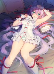 Rule 34 | 1girl, al azif, antenna hair, armpits, artist progress, bed sheet, blush, breasts, commentary, demonbane, feet, frills, from above, green eyes, hair ribbon, koikawa minoru, long hair, looking at viewer, lying, on back, open mouth, panties, pillow, purple hair, redrawn, revision, ribbon, small breasts, solo, striped clothes, striped panties, underwear, very long hair, wrist cuffs