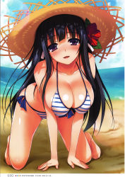 Rule 34 | 10s, 1girl, 2013, absurdres, all fours, barefoot, beach, bikini, black hair, blush, breasts, cleavage, cloud, comic potpourri club, day, female focus, flower, front-tie top, full body, hair flower, hair ornament, hair ribbon, hat, hibiscus, highres, large breasts, long hair, looking at viewer, ocean, open mouth, outdoors, purple eyes, ribbon, scan, side-tie bikini bottom, sky, smile, solo, straw hat, striped bikini, striped clothes, swimsuit, tomose shunsaku