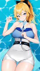 Rule 34 | 1girl, absurdres, blonde hair, blue eyes, blue one-piece swimsuit, genshin impact, hair ribbon, highres, in water, jean (genshin impact), looking at viewer, lying, mutsu ane daisuki, navel, o-ring, on back, one-piece swimsuit, ponytail, ribbon, skindentation, smile, solo, swimsuit, thigh gap, thighs, wet, wet clothes