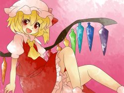 Rule 34 | 1girl, :d, arm support, ascot, bad id, bad pixiv id, blonde hair, bloomers, blouse, bow, comic, dress, embodiment of scarlet devil, female focus, flandre scarlet, gradient background, hair bow, hammer (sunset beach), hat, leaning back, open mouth, red eyes, shirt, short hair, side ponytail, silent comic, sitting, skirt, smile, solo, touhou, underwear, wings