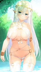 Rule 34 | 1girl, armlet, bare shoulders, blue eyes, bracelet, breasts, circlet, commentary, cowboy shot, day, earrings, elf, gluteal fold, hair between eyes, halterneck, head tilt, hoop earrings, jewelry, large breasts, long hair, looking at viewer, meth (emethmeth), nature, navel, o-ring, o-ring bottom, o-ring top, original, outdoors, pointy ears, smile, solo, stomach, thighhighs, very long hair, water, white background, white thighhighs