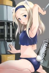 Rule 34 | 1girl, aleksandra i. pokryshkin, animal ears, arm up, armpits, artist name, bear ears, bear tail, black hairband, black panties, black shirt, blonde hair, blue eyes, brave witches, commentary request, crop top, from side, hairband, haruhata mutsuki, looking at viewer, open mouth, panties, shirt, signature, sitting, solo, tail, tank top, twitter username, underwear, underwear only, wariza, world witches series