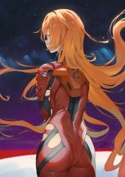 Rule 34 | 1girl, ass, back, blue eyes, blush, bodysuit, evangelion: 3.0+1.0 thrice upon a time, fadingz, floating hair, from behind, hair down, highres, huge ass, long hair, looking away, neon genesis evangelion, night, night sky, orange hair, plugsuit, rebuild of evangelion, red bodysuit, shiny clothes, sky, solo, souryuu asuka langley, standing, torn bodysuit, torn clothes, tsundere, very long hair, wide hips
