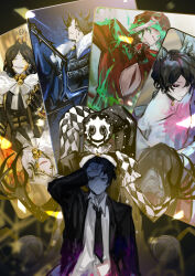 Rule 34 | 1boy, arm up, black eyes, black hair, black jacket, black necktie, card, closed mouth, despair, e.g.o (project moon), highres, jacket, library of ruina, long sleeves, male focus, messy, multiple views, necktie, nishikujic, project moon, roland (project moon)