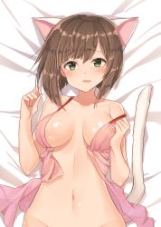 Rule 34 | 1girl, absurdres, animal ears, babydoll, bad id, bad pixiv id, bare arms, bare shoulders, bed sheet, blush, bottomless, breasts, breasts apart, brown hair, cat ears, cat tail, collarbone, dakimakura (medium), fang, from above, goyain, green eyes, groin, highres, idolmaster, idolmaster cinderella girls, kemonomimi mode, lying, maekawa miku, medium breasts, navel, on back, out-of-frame censoring, parted lips, revision, shiny skin, short hair, solo, stomach, strap slip, tail, underwear, underwear only