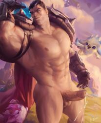 Rule 34 | 1boy, abs, absurdres, armor, ass, bara, bich hoan, black gloves, black hair, closed mouth, darius (league of legends), erection, flaccid, gloves, highres, large pectorals, league of legends, male focus, multicolored hair, muscular, muscular male, navel, nipples, nude, outdoors, pectorals, penis, scar, scar across eye, scar on face, short hair, shoulder armor, shoulder spikes, solo, spikes, sunset, thick thighs, thighs, two-tone hair, white hair