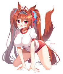 Rule 34 | 1girl, all fours, animal ears, blush, breasts, buruma, commentary request, daiwa scarlet (umamusume), duplicate, fang, full body, gym uniform, hair intakes, horse ears, horse girl, horse tail, large breasts, long hair, looking at viewer, mauve, open mouth, puffy short sleeves, puffy sleeves, red shorts, shirt, short sleeves, shorts, simple background, solo, tail, tiara, twintails, umamusume, white background