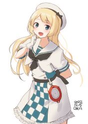 Rule 34 | 1girl, adapted costume, alternate costume, apron, blonde hair, blue eyes, blush, checkered apron, checkered clothes, compass, cosplay, dress, enemy lifebuoy (kancolle), gloves, hat, highres, jervis (kancolle), kantai collection, long hair, michishio (kancolle), michishio (kancolle) (cosplay), one-hour drawing challenge, open mouth, owa (ishtail), sailor dress, sailor hat, simple background, smile, solo, two-tone dress, white background, white dress, white gloves, white hat
