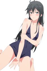 Rule 34 | 1girl, absurdres, ahoge, black dress, black hair, blue eyes, blush, breasts, collarbone, commentary request, commission, dress, highres, holding own arm, long hair, second-party source, shou937, simple background, skeb commission, small breasts, solo, white background, yahari ore no seishun lovecome wa machigatteiru., yukinoshita yukino