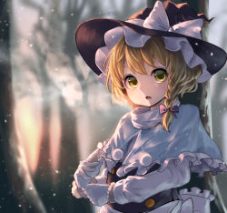 Rule 34 | 1girl, apron, bad id, bad pixiv id, blonde hair, blurry, bow, braid, breath, capelet, depth of field, forest, gloves, hair bow, hair ornament, hat, hat ribbon, kirisame marisa, long sleeves, looking at viewer, nature, open mouth, pyonsuke (pyon2 mfg), ribbon, shirt, short hair, side braid, single braid, snowing, solo, touhou, tree, turtleneck, upper body, vest, waist apron, white gloves, witch hat, yellow eyes