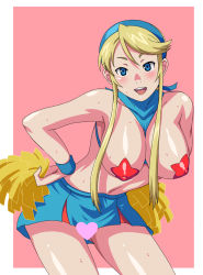 Rule 34 | 1girl, bad id, bad pixiv id, between breasts, blonde hair, blue eyes, blush, breasts, breasts out, censored, cheerleader, hairband, hands on own hips, heart, heroman, large breasts, leaning forward, lina davis, makino tomoyasu, novelty censor, pasties, pom pom (cheerleading), simple background, skirt, smile, solo, sweat