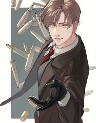 Rule 34 | 1boy, ahoge, axis powers hetalia, bad link, black gloves, brown hair, brown jacket, brown suit, bullet, collared shirt, formal, gloves, green eyes, grey background, grey waistcoat, grin, highres, jacket, looking at viewer, male focus, necktie, outstretched hand, red necktie, shell casing, shirt, short hair, simple background, smile, southern italy (hetalia), suit, two-tone background, white background, white shirt, zhongerweiyuan
