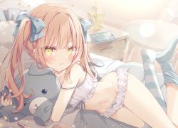 Rule 34 | 1girl, asymmetrical legwear, bare shoulders, bed, blue bow, blue socks, bow, bow panties, bra, brown hair, cellphone, closed mouth, collarbone, commentary request, frilled bra, frilled panties, frills, groin, hair bow, highres, hoshi (snacherubi), hugging object, indoors, legs, long hair, looking at viewer, navel, no shoes, on bed, original, panties, phone, single sock, single thighhigh, smile, socks, soles, solo, strap slip, striped clothes, striped thighhighs, stuffed animal, stuffed toy, table, teddy bear, thighhighs, twintails, underwear, white bra, white panties, yellow eyes