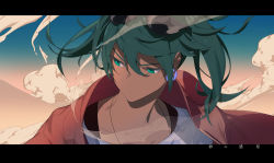 Rule 34 | 1girl, desert, earrings, eyewear on head, frown, green eyes, green hair, hatsune miku, jacket, jewelry, letterboxed, long hair, ryokucha (i cobalt), sand, solo, suna no wakusei (vocaloid), sunglasses, twintails, vocaloid
