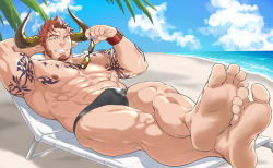 Rule 34 | 1boy, abs, agielba, alternate costume, animal ears, arm tattoo, armpits, bara, barefoot, beach, biceps, black-framed eyewear, black male swimwear, bulge, chest tattoo, cloud, cloudy sky, cow boy, cow ears, cow horns, crossed legs, day, draph, unworn eyewear, facial hair, feet, foot focus, foreshortening, full body, goatee, granblue fantasy, grin, highres, holding, holding removed eyewear, horns, large pectorals, long sideburns, looking at viewer, lying, male focus, male swimwear, mature male, muscular, muscular male, navel, nipples, on back, on chair, one eye closed, paid reward available, pectorals, presenting foot, red hair, sand, short hair, sideburns, sky, smile, soles, solo, stomach, sunglasses, swim briefs, tattoo, tetsu (kurotetsu1379), thick thighs, thighs, toes, topless male