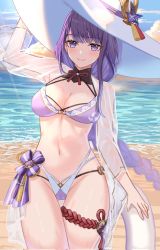 Rule 34 | 1girl, bikini, blush, bow, braid, breasts, cameltoe, cleavage, cloud, cowboy shot, day, detached collar, frilled bikini, frills, genshin impact, gluteal fold, hand on headwear, hat, highres, innertube, kuwahara taiki, large breasts, long hair, looking at viewer, mole, mole under eye, multi-strapped bikini, navel, neck ribbon, ocean, open clothes, open shirt, purple bikini, purple eyes, purple hair, raiden shogun, red ribbon, ribbon, sand, see-through, see-through sleeves, smile, solo, standing, sun hat, sunlight, swept bangs, swim ring, swimsuit, thighs, thong, two-tone bikini, wet, white bikini, white hat