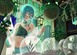 Rule 34 | 1girl, blue choker, blue eyes, blue hair, blue nails, blue shorts, ceiling, choker, crop top, glasses, hanging plant, highres, holding, holding watering can, indoors, long hair, long sleeves, midriff, nail polish, navel, off shoulder, open clothes, open mouth, open shirt, original, plant, saraki, see-through, see-through shirt, semi-rimless eyewear, short shorts, shorts, signature, smile, solo, twintails, very long hair, watering can