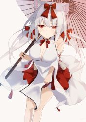 Rule 34 | 1girl, absurdres, animal ears, azur lane, bow, breasts, cleavage, dress, feet out of frame, hair bow, highres, holding, holding umbrella, japanese clothes, long hair, looking at viewer, lows., medium breasts, neck ribbon, oil-paper umbrella, red bow, red eyes, red ribbon, ribbon, solo, standing, umbrella, white background, white dress, white hair, yukikaze (azur lane), yukikaze (winter&#039;s snowy wind) (azur lane)
