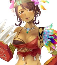 Rule 34 | 1girl, bone (stare), breasts, brown eyes, brown hair, cleavage, dark skin, dark-skinned female, feathers, headband, jewelry, large breasts, lips, midriff, mole, navel, necklace, nintendo, sharla (xenoblade), solo, sweat, tribal, xenoblade chronicles 1, xenoblade chronicles (series)