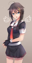 Rule 34 | 1girl, :d, ahoge, black hair, black serafuku, black skirt, blue eyes, blush, braid, brown background, commentary, cowboy shot, detached wings, fingerless gloves, gloves, hair flaps, hair ornament, hair over shoulder, hair ribbon, hairclip, jenson tw, kantai collection, long hair, looking at viewer, neckerchief, open mouth, own hands together, pleated skirt, red-framed eyewear, red neckerchief, ribbon, school uniform, serafuku, shigure (kancolle), shigure kai ni (kancolle), short sleeves, simple background, single braid, skirt, smile, solo, standing, wings