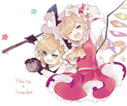 Rule 34 | 2girls, ascot, black gloves, black headwear, black vest, blonde hair, blue eyes, blush, bow, broom, crystal, flandre scarlet, frilled shirt, frilled shirt collar, frilled skirt, frilled sleeves, frills, gloves, hat, hat ribbon, kirisame marisa, mini-hakkero, mob cap, multiple girls, no legs, one side up, open mouth, puffy short sleeves, puffy sleeves, red eyes, red ribbon, red skirt, red vest, ribbon, romaji text, shirt, short hair, short sleeves, skirt, sorani (kaeru0768), star (symbol), teeth, touhou, upper teeth only, vest, white background, white bow, white headwear, white shirt, wings, witch hat, wrist cuffs, yellow ascot