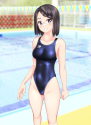 Rule 34 | 1girl, absurdres, black eyes, black hair, black one-piece swimsuit, blurry, blurry background, braid, braided bangs, breasts, collarbone, commentary request, competition swimsuit, covered navel, feet out of frame, glasses, highleg, highleg swimsuit, highres, logo, looking at viewer, medium breasts, one-piece swimsuit, original, parted lips, pool, short hair, smile, solo, string of flags, swimsuit, takafumi