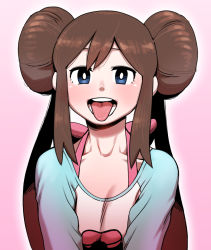 Rule 34 | 1girl, bad id, bad pixiv id, blue eyes, blush, bow, breasts, brown hair, collarbone, commentary request, creatures (company), double bun, game freak, hair bun, long hair, looking at viewer, nintendo, nutkingcall, open mouth, pink bow, pokemon, pokemon bw2, raglan sleeves, rosa (pokemon), sexually suggestive, shirt, sidelocks, solo, teeth, tongue, tongue out, twintails, upper body