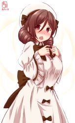 Rule 34 | 1girl, alternate costume, black bow, blush, bow, brown hair, chestnut mouth, cosplay, cowboy shot, dated, dress, drill hair, harukaze (kancolle), hat, highres, kanon (kurogane knights), kantai collection, logo, looking at viewer, luna child, luna child (cosplay), open mouth, red eyes, simple background, solo, twin drills, white background, white dress, white hat
