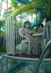 Rule 34 | 3girls, anbiyori, animated, barefoot, bikini, black hair, blinking, bow, chair, closed eyes, cup, disposable cup, drinking, female focus, hair bow, hair ornament, hairclip, holding, holding cup, looping animation, multiple girls, navel, original, own hands together, palm tree, railing, reflection, short twintails, sitting, stairs, swimsuit, table, talking, tareme, tree, twintails, video, water, water slide, waterpark, white bikini