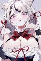 Rule 34 | 1girl, absurdres, animal ears, armband, blush, bow, bowtie, breasts, cat ears, cleavage, fangs, frilled armband, frills, grey background, grey hair, hair ribbon, hand up, heart, highres, hololive, kemonomimi mode, large breasts, looking at viewer, medium hair, mile (off8mile), parted lips, pink eyes, red bow, red bowtie, red ribbon, ribbon, sakamata chloe, solo, upper body, virtual youtuber, wide-eyed, wing collar