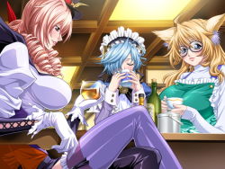 Rule 34 | 3girls, animal ears, apron, blonde hair, blue hair, braid, breasts, drill hair, game cg, glasses, hat, huge breasts, impossible clothes, impossible shirt, multiple girls, shirt, short hair, terios, thighhighs, twin braids, witch, yokota mamoru