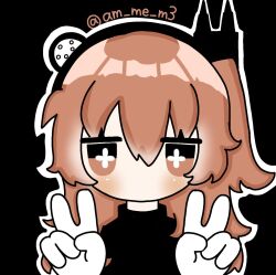 Rule 34 | 1girl, a.i. voice, adachi rei, black background, black shirt, double v, gloves, hair between eyes, hands up, headlamp, highres, long hair, looking at viewer, neko (am me m3), no mouth, no nose, one side up, orange eyes, orange hair, outline, radio antenna, shirt, simple background, solo, straight-on, turtleneck, twitter username, upper body, utau, v, white gloves, white outline