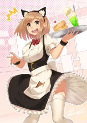 Rule 34 | 1girl, ^^^, absurdres, animal ears, apron, artist name, black dress, blonde hair, blush, bow, bowtie, breasts, brown eyes, cafe, cat ears, chair, cherry, clothes lift, dress, dress lift, dutch angle, fake animal ears, fang, food, framed breasts, frilled dress, frills, fruit, glass, hairband, hands up, highres, holding, holding tray, ice, ice cream, ice cream float, ice cube, indoors, open mouth, original, outline, pancake, parted bangs, pen, polka dot, polka dot background, puffy short sleeves, puffy sleeves, red bow, red bowtie, sawasa, short sleeves, signature, solo, spoon, standing, sweat, syrup, thighhighs, tray, waitress, white thighhighs, wrist cuffs