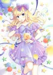 Rule 34 | 1girl, :o, alternate costume, bare shoulders, bekkourico, blonde hair, blue bow, blue eyes, blue flower, bow, candy, collarbone, commentary request, dress, feet out of frame, flower, food, hair bow, hair ornament, holding, idolmaster, idolmaster cinderella girls, long hair, looking at viewer, lying, ohtsuki yui, on ground, open mouth, red flower, rose, short sleeves, solo, star (symbol), wrist cuffs