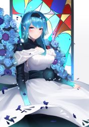 Rule 34 | 1girl, absurdres, blue flower, blue hair, blue rose, blurry, commentary request, depth of field, dress, eula (genshin impact), flower, genshin impact, hairband, highres, long hair, looking at viewer, petals, purple eyes, rose, sidelocks, solo, wedding dress, white dress, yuking