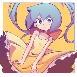 Rule 34 | 1girl, bare arms, bare shoulders, blue eyes, blue hair, blush, border, bow, breasts, choker, constanze amalie von braunschbank-albrechtsberger, dress, frilled dress, frills, hair bow, highres, little witch academia, long hair, looking at viewer, orenji (orenjipiiru), ponytail, red bow, sleeveless, sleeveless dress, small breasts, solo, thick eyebrows, very long hair, wavy mouth, white border, wind, wind lift, yellow background, yellow dress