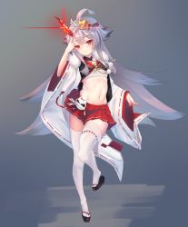 Rule 34 | 1girl, ahoge, asymmetrical horns, azur lane, blush, finger to head, flat chest, fur trim, glowing, glowing eyes, glowing horns, gradient background, hair ornament, hibiki (azur lane), highres, horns, ka11 ca, long hair, long sleeves, looking at viewer, midriff, mismatched horns, navel, okobo, oni horns, pleated skirt, pom pom (clothes), red eyes, red skirt, sandals, sarashi, silver hair, single horn, skindentation, skirt, solo, standing, standing on one leg, talisman, thigh strap, thighhighs, very long hair, white thighhighs, zettai ryouiki