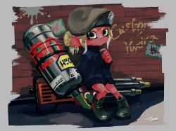 Rule 34 | 1girl, beret, blue coat, boots, brick wall, closed mouth, coat, cross-laced footwear, frown, full body, graffiti, green eyes, green footwear, green hair, green hat, hand up, hat, highres, hydra splatling (splatoon), lace-up boots, light green hair, long sleeves, looking at viewer, nintendo, octoling, octoling girl, octoling player character, paint splatter, pigeon-toed, ponytail, signature, sitting, solo, splatoon (series), splatoon 2, tarai (silica5), tentacle hair