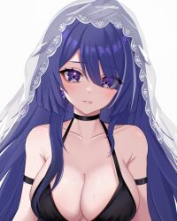 Rule 34 | 1girl, acheron (honkai: star rail), arm strap, armpit crease, bare shoulders, black choker, breasts, choker, cleavage, collarbone, commentary, criss-cross halter, diamond-shaped pupils, diamond (shape), dress, earrings, english commentary, eyes visible through hair, hair between eyes, hair over one eye, halterneck, highres, honkai: star rail, honkai (series), jewelry, large breasts, long hair, looking at viewer, multicolored hair, parted lips, purple eyes, purple hair, see-through veil, simple background, sleeveless, sleeveless dress, solo, streaked hair, sweat, symbol-shaped pupils, upper body, white background, white veil, zxcsque