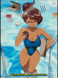 Rule 34 | asahina aoi, bare legs, blue one-piece swimsuit, bluethebone, breasts, brown hair, cleavage, commentary, competition swimsuit, covered erect nipples, danganronpa (series), dark-skinned female, dark skin, doughnut, eating, english commentary, closed eyes, feet out of frame, food, hair ornament, highres, medium breasts, one-piece swimsuit, pastry box, ponytail, pool, retro artstyle, solo, swimsuit