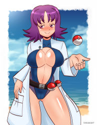 Rule 34 | 1girl, absurdres, blue sky, blush, breasts, brown eyes, cameltoe, cleavage, clothing cutout, cosplay, creatures (company), dakunart, game freak, highres, lab coat, large breasts, looking at viewer, misty (pokemon), misty (pokemon) (cosplay), navel cutout, nintendo, ocean, one-piece swimsuit, philena ivy, pokemon, pokemon: the electric tale of pikachu, pokemon (anime), pokemon (classic anime), purple hair, shiny skin, simple background, sky, smile, solo, standing, swimsuit