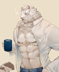 Rule 34 | 1boy, abs, alternate costume, animal ears, arknights, bara, collared shirt, cup, denim, from side, furry, furry male, hinokumo f, holding, holding cup, jeans, large pectorals, male focus, mountain (arknights), mug, muscular, muscular male, nipples, open clothes, open shirt, pants, pectoral cleavage, pectorals, scar, scar across eye, scar on face, shirt, short hair, solo, stomach, tiger boy, tiger ears, white fur