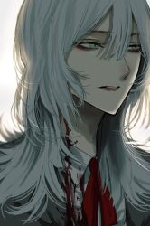 Rule 34 | 1girl, blood, blood on clothes, collared shirt, commentary request, hair between eyes, highres, hoshi san 3, long hair, neck ribbon, original, parted lips, red ribbon, ribbon, shade, shirt, solo, upper body, white background, white eyes, white hair, white shirt, wolf cut