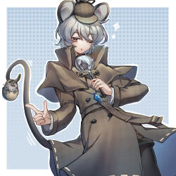 Rule 34 | 1girl, alternate costume, animal, animal ears, black pantyhose, black shorts, blush, capelet, coat, grey capelet, grey coat, grey hair, grey hat, hat, highres, holding, holding magnifying glass, looking at viewer, magnifying glass, motion lines, mouse (animal), mouse ears, mouse tail, nazrin, one eye closed, outline, pantyhose, parted lips, red eyes, shishui guima, short hair, shorts, solo, sparkle, tail, touhou, white outline