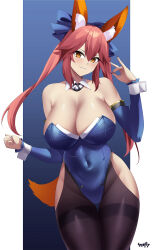 Rule 34 | 1girl, absurdres, animal ear fluff, animal ears, bare shoulders, blue bow, bow, breasts, cleavage, detached collar, fate/extra, fate (series), fox ears, fox girl, fox tail, hair between eyes, hair bow, highres, kurozawa yui, large breasts, long hair, looking at viewer, nail polish, pink hair, sidelocks, smile, solo, tail, tamamo (fate), tamamo no mae (fate/extra), twintails, yellow eyes