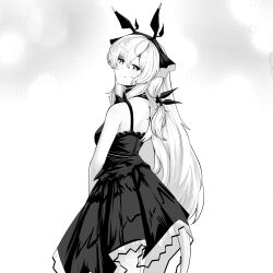 Rule 34 | 1girl, arknights, arms at sides, bare shoulders, bee (user cwsv3353), closed mouth, dress, fake horns, from behind, greyscale, hair between eyes, hairband, head tilt, highres, horns, long hair, looking at viewer, looking back, monochrome, sidelocks, sleeveless, sleeveless dress, smile, solo, weedy (arknights)