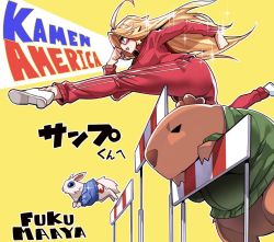 Rule 34 | 1girl, ahoge, animal ears, artist name, blonde hair, blue eyes, capybara, character name, commission, copyright name, earrings, eye mask, from side, fukumaaya, hurdle, jewelry, jumping, kamen america, kamen america (comic), long hair, long sleeves, open mouth, rabbit, rabbit ears, red legwear, second-party source, sideways mouth, simple background, skeb commission, sparkle, star (symbol), star earrings, striped legwear, tail, track suit, translation request, yellow background